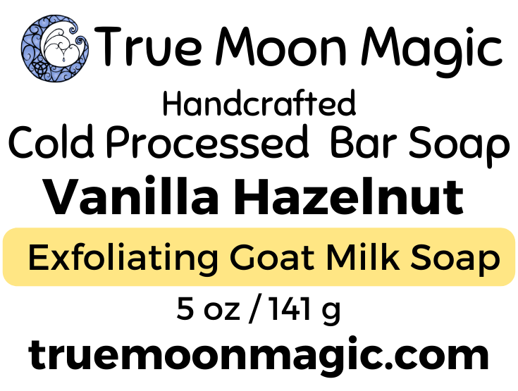 front of Vanilla Hazelnut goat milk soap label